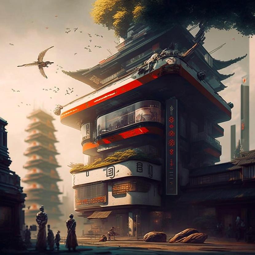 JapānaIr pūķi un samuraji... Autors: Zibenzellis69 Mākslīgā intelekta skatījumā: kādas varētu izskatīties valstis, pilsētas nākotnē