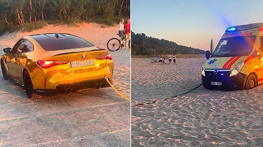 VIDEO ⟩ Izpalīdzīgs BMW vadītājs palīdzējis no smiltīm izvilkt NMPD busiņu